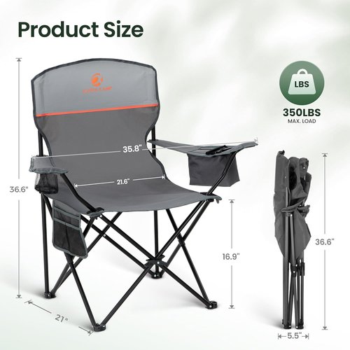 High Point Sports Portable Camping Chair - Lightweight Folding Design | 2-Pack, Supports 350 lbs, Gray