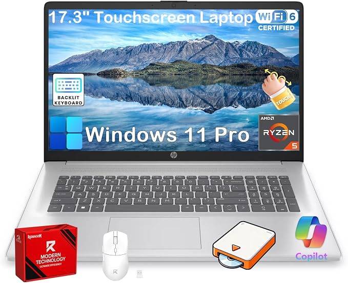 HP 17.3" Touchscreen Business Laptop, 32GB RAM, 1TB SSD, AMD Ryzen 5 7430U | Backlit Keyboard, Windows 11 Pro, Fast Charge, AI Copilot, 17.3" HD+ Anti-Glare Display, Wi-Fi 6, w/Accessories