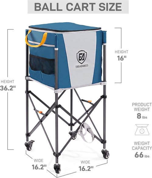 Ever Advanced Tennis Ball Hopper - 150 Capacity Rolling Cart with Side Pockets | Blue Sports Equipment Organizer (16.2 x 16.2 in)