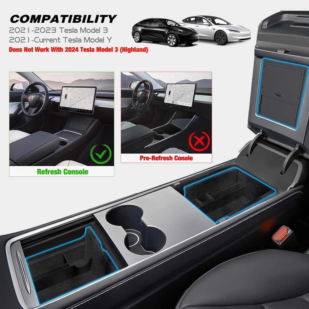 Nilight Tesla Model 3/Y Center Console Organizer, Hidden Storage Box