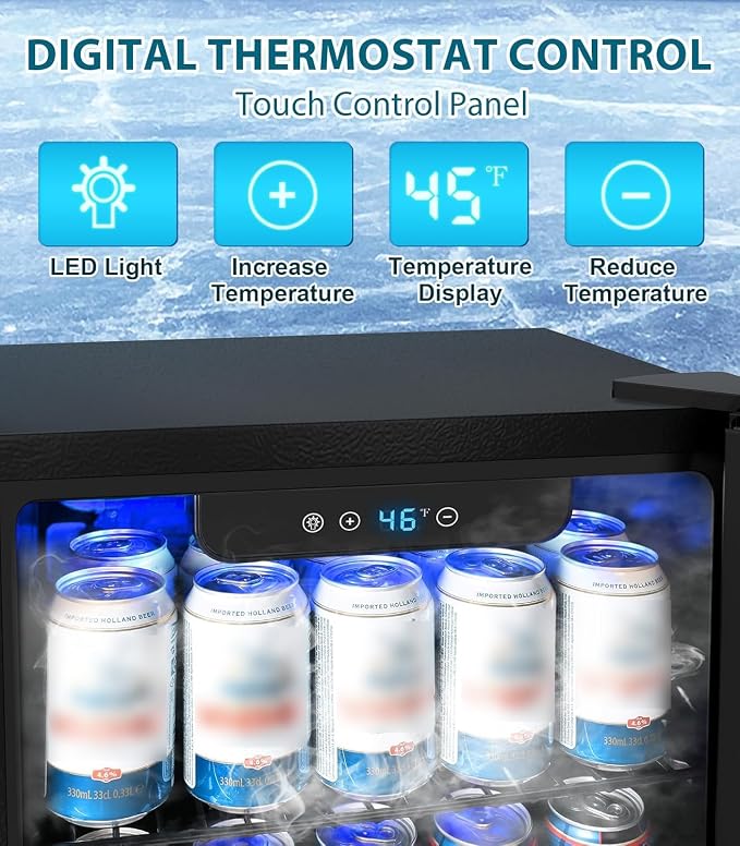 Electactic 50 Cans Beverage Refrigerator Cooler, 1.3 Cu.ft Mini Fridge Countertop Drink Cooler with Glass Door for Beer, Soda,Wine, Adjustable Digital Temperature Control for Home Dorm Bar, Black