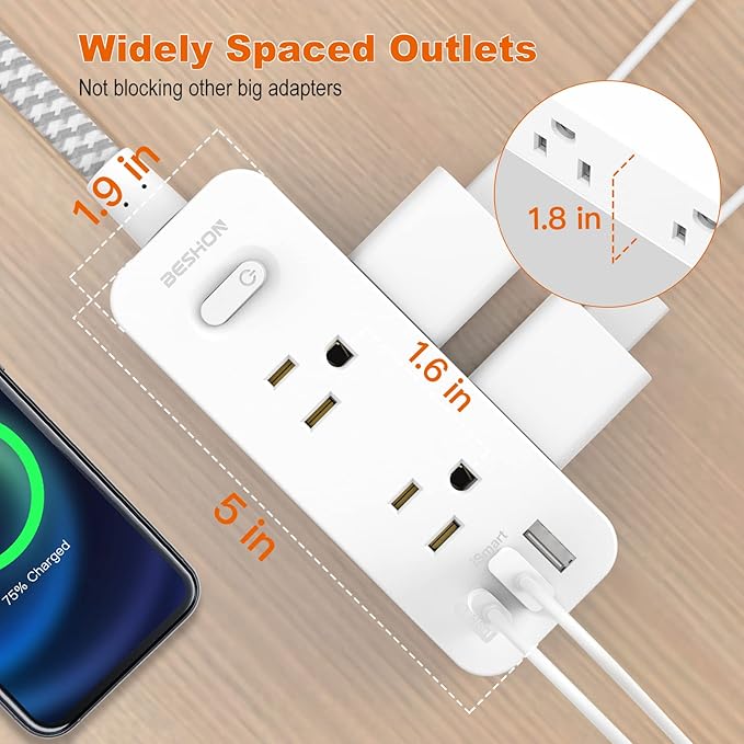 Extension Cord 25FT, BESHON Power Strip Surge Protector, 6 Outlets with 3 USB Ports(1 USB C Outlet), 3-Side Outlet Extender, Wall Mount, Compact for Travel, Home, College Dorm Room, and Office