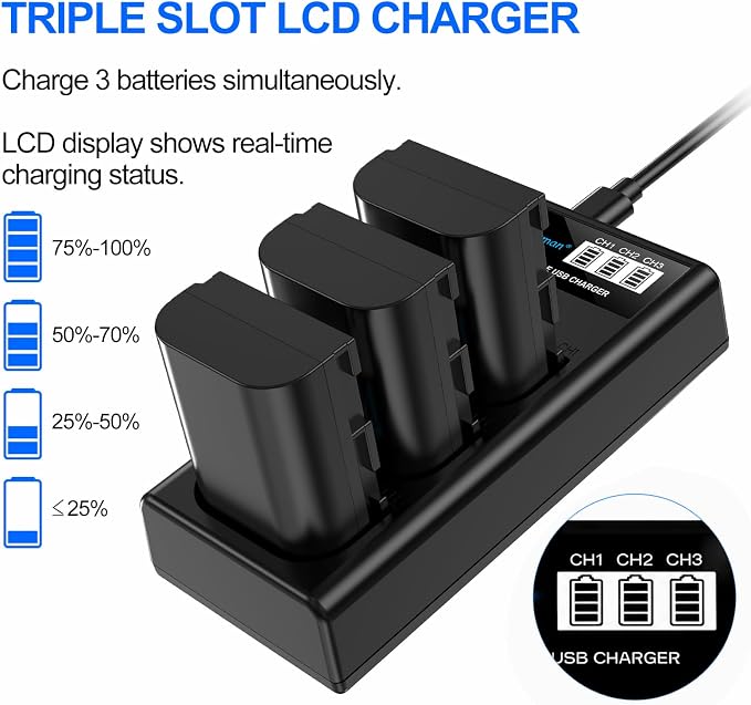 Artman LP-E6N LP-E6 Battery 3-Pack 2750mAh and 3-Slot LCD Charger