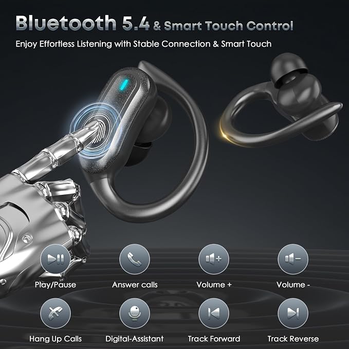 Wireless Earbuds Bluetooth Headphones, 54H Playtime Full Stereo Over Ear Buds with ENC Noise Cancelling, LED Power Display, IPX7 Waterproof Sport Earphones with Earhooks for Running/Workouts Black