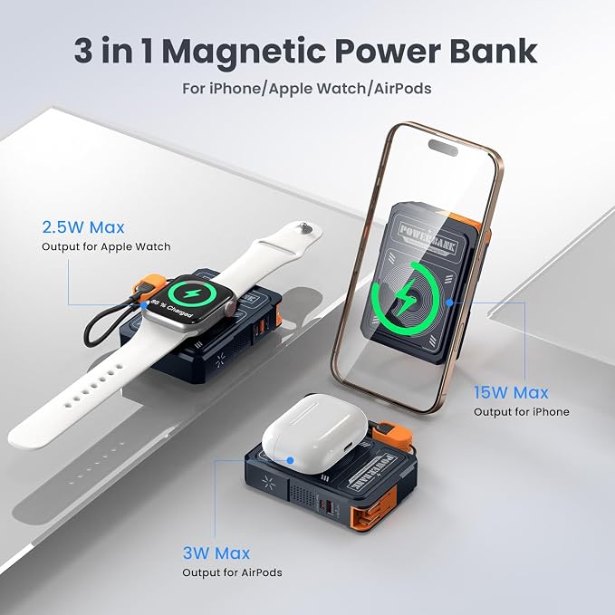 ummz for Magsafe Battery Pack 10000mAh,5-in-1 Magnetic Portable Charger with Wall Plug, Wireless Power Bank for Apple Watch,22.5W Fast Charging PowerBank for iPhone 17 Pro Max/16/15/14/13/12 Mini
