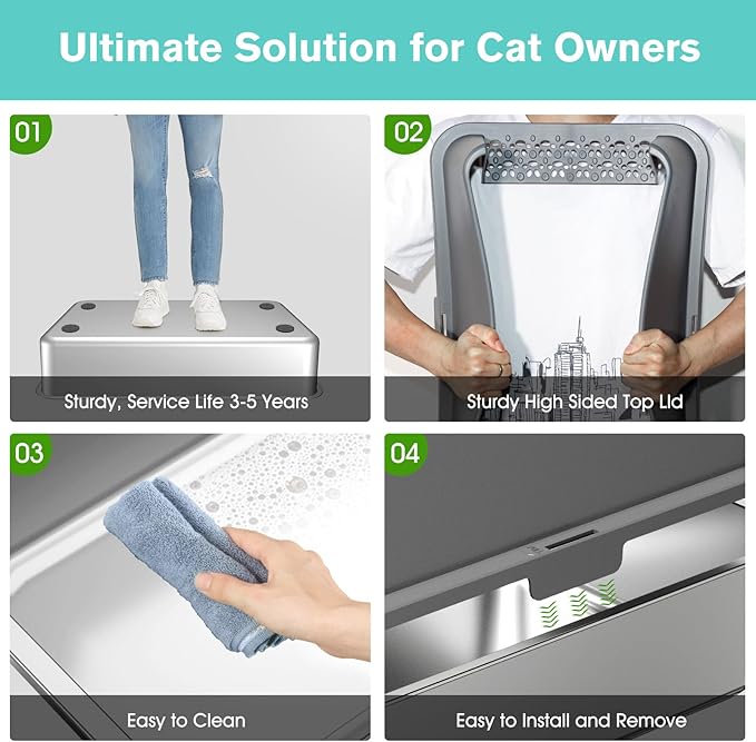 Stainless Steel Cat Litter Box with High Sides Lid, Extra Large XL Litter Box for Big Cats,Enclosed Metal Kitty Litter Pan with Anti-Leakage Enclosure, Non-Stick, Odorless,Scoop Included (Dark Grey)…