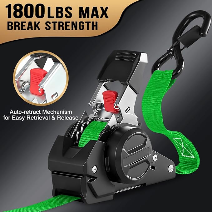Retractable Ratchet Straps (4-Pack) - 1 in x 10 Ft (1800 LB Break Strength) Heavy Duty Self Retracting Ratchet Straps with Soft Loops & Storage Bag for Household, Motorcycle, Truck, ATV(Green)