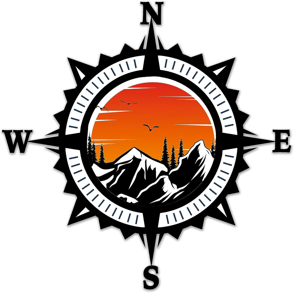 Compass Trees Mountain Sunset Sticker for Car Vinyl Decal Truck Window Bumper Motorcycle Stickers (12" x 12")