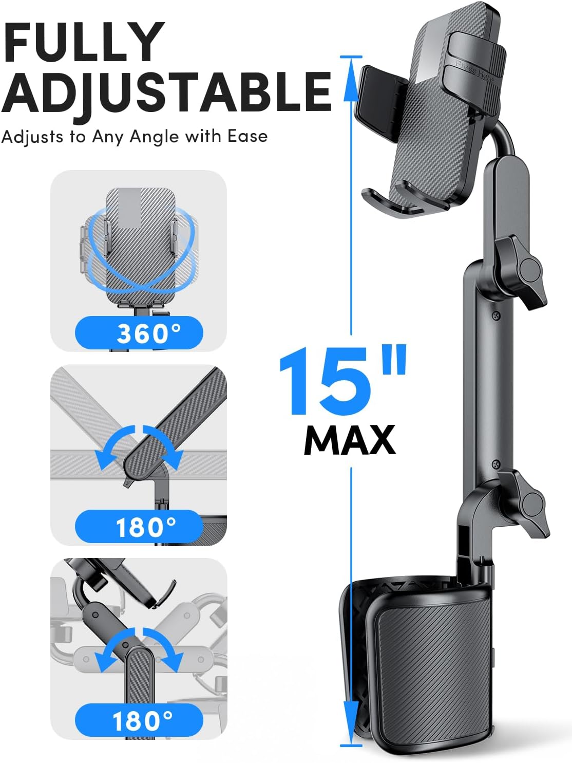 ELWEY Car Cup Holder Phone Holder, 15" Height Phone Mount Fit 2.6-4.8" Car Cupholder, 360° Swiveling Phone Holders for Your Car Fits iPhone 17 16 Pro Max & 4.7-7" Cell Phones