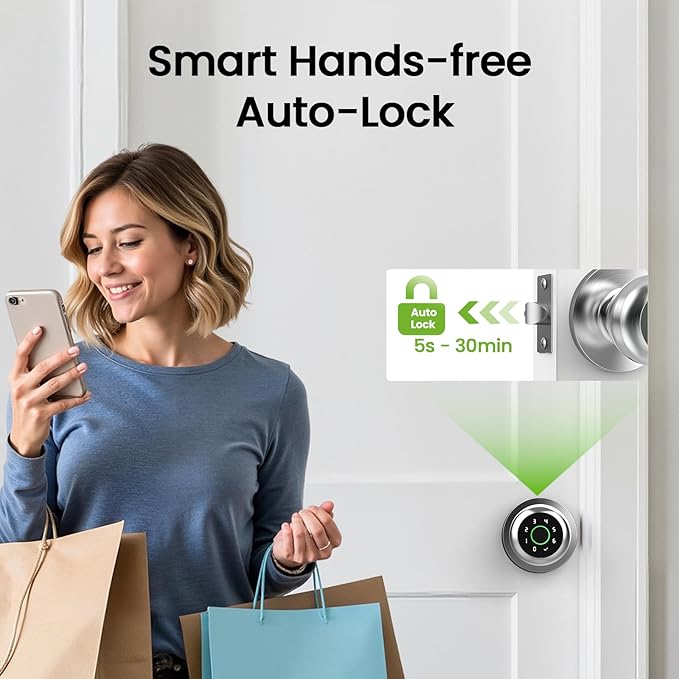 GHome Smart Fingerprint Door Lock, 4 in 1 Smart Fingerprint Door Knob with Keypad, App Control, Auto Lock, Biometric Door Knob with Lock for Bedroom, Apartment, Garage, Home & Office