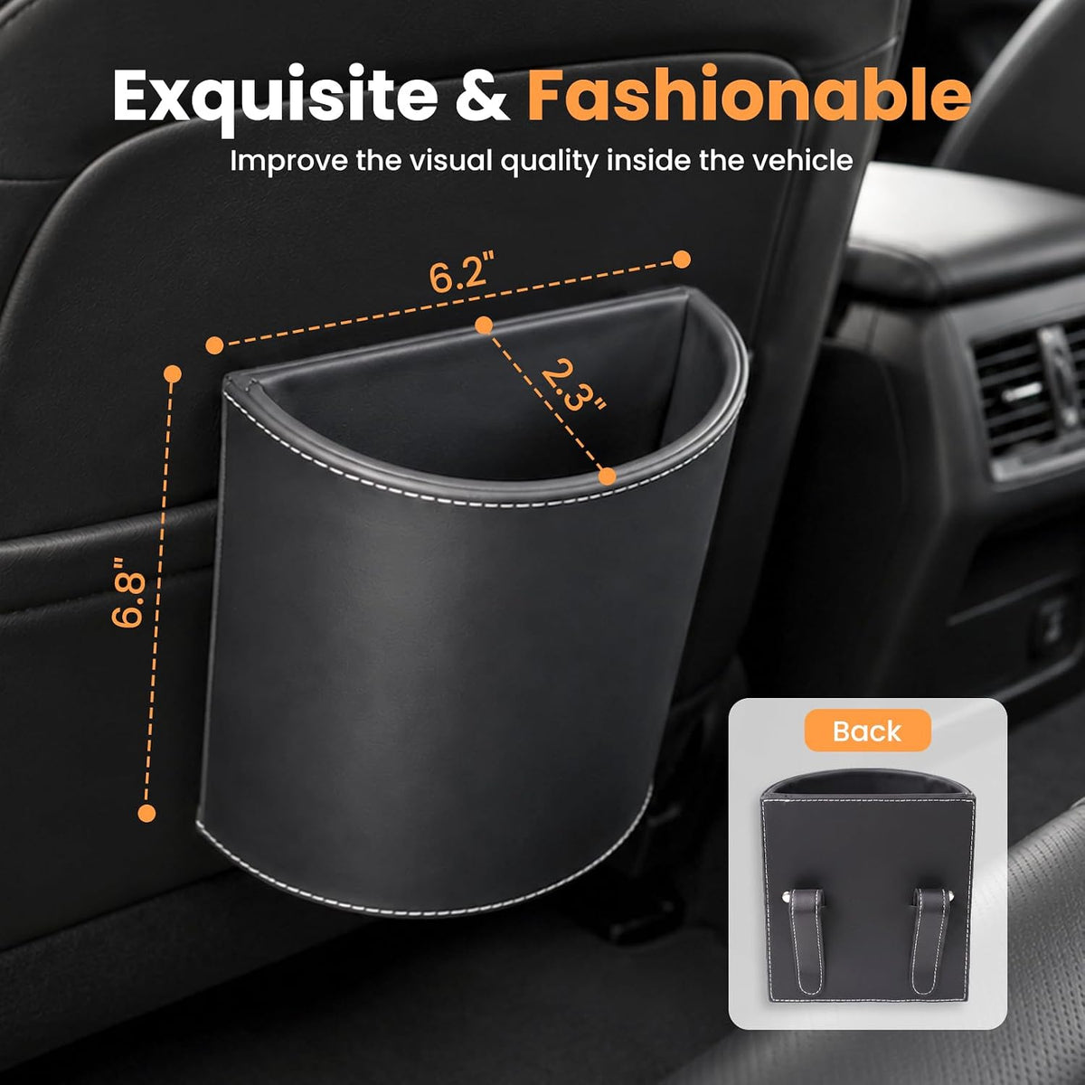 Car Trash Can,Leakproof Leather Car Garbage Can with Hanging Hooks,Waterproof Automotive Trash Bin,Portable & Multi-Purpose Vehicle Garbage Cans for Cars,SUV & Truck,Easy to Clean (Black)