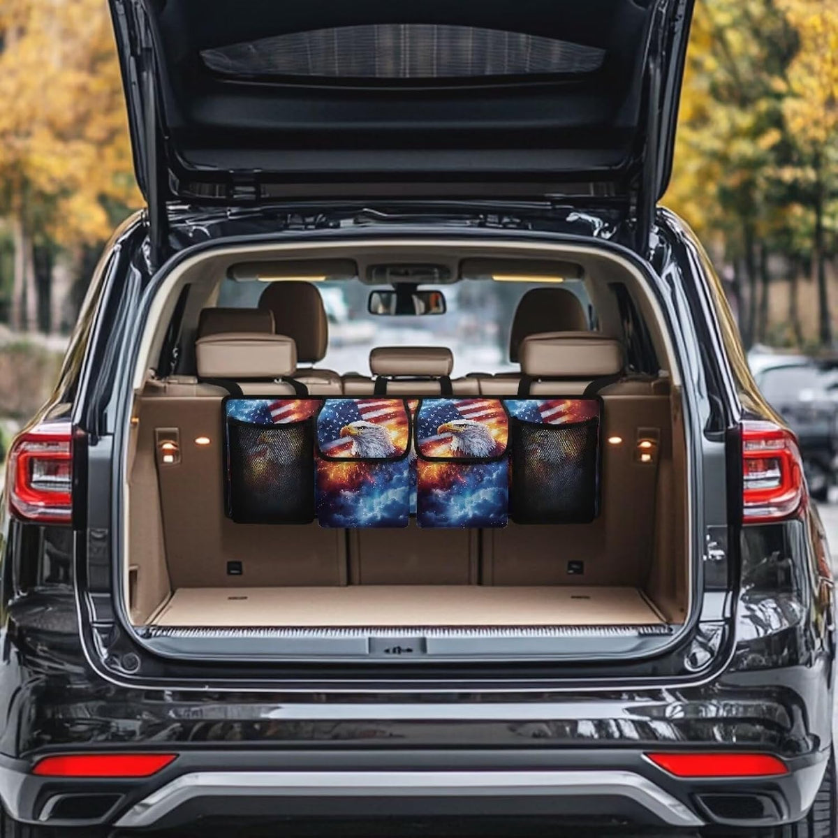 American Flag Car Trunk Organizer,Lightning Flame Eagle Collapsible Large Capacity Auto Backseat Hanging Storage Bag with Adjustable Strap & 4 Pockets Not Easy to Fade Machine Washable