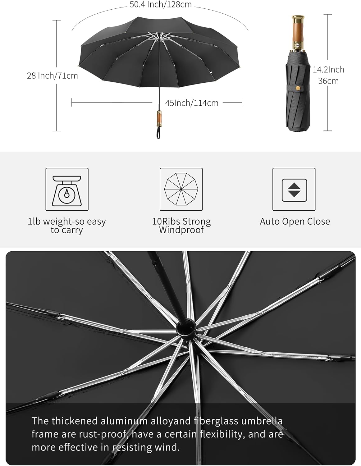 Rain Cats Large Umbrella - 45-Inch Windproof Travel Umbrella with 10 Fiberglass Ribs | Compact & Automatic