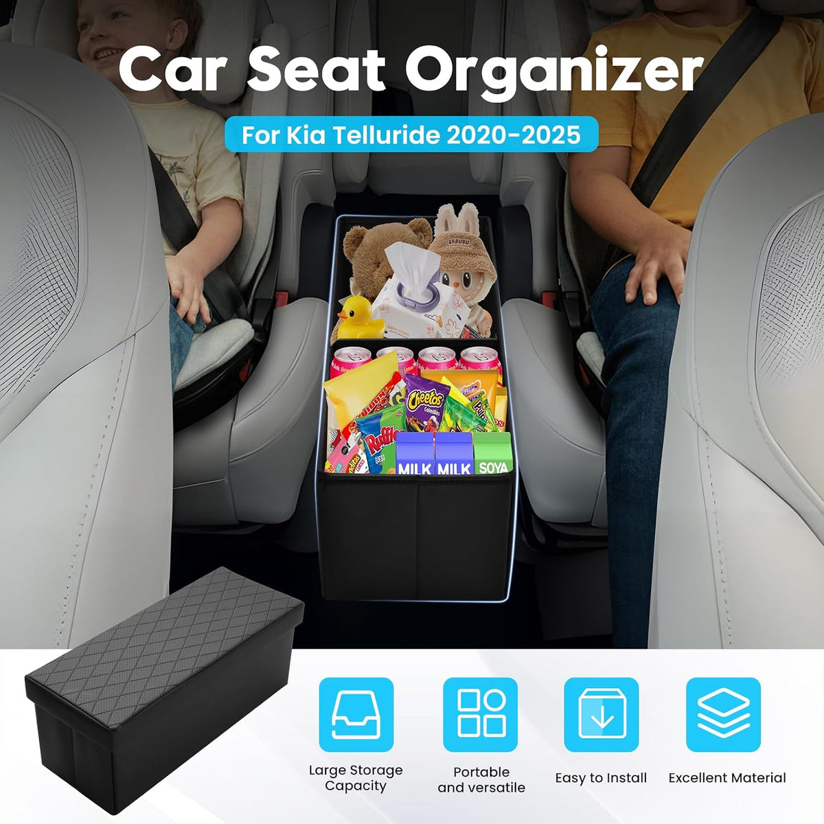 Autorder Car Seat Organizer for 2020-2025 2026 Kia Telluride Accessories Portable Backseat Organizer with Lid Handles Multipurpose Car Floor Storage for Kids Toys Baby Products Daily Necessities
