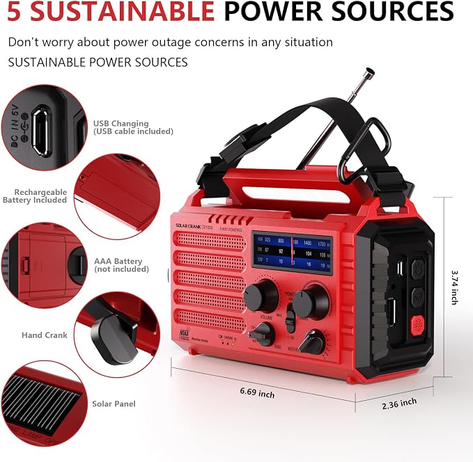 Emergency Solar Hand Crank Radio, AM/FM/SW NOAA Weather Alert Radio, Flashlight
