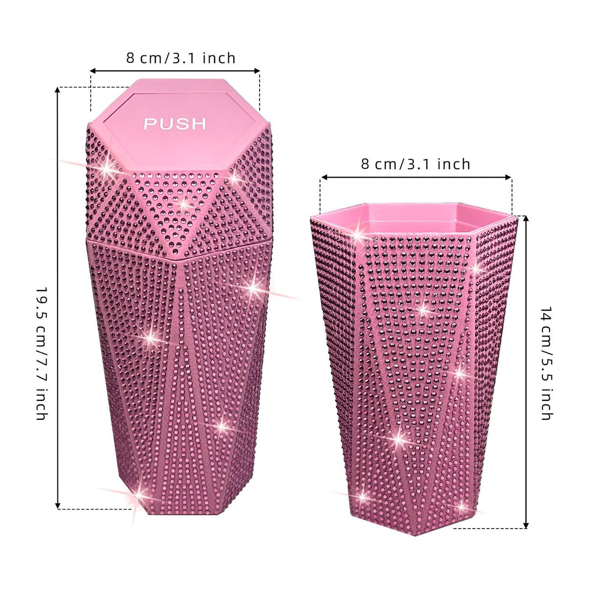 NBTEPEM Bling Car Trash Can with Lid, Bling Car Accessories Trash Bin, Leakproof Auto Garbage Can with 30 Trash Bags, Multipurpose Organizers and Storage for Home, Office (Pink Diamond)