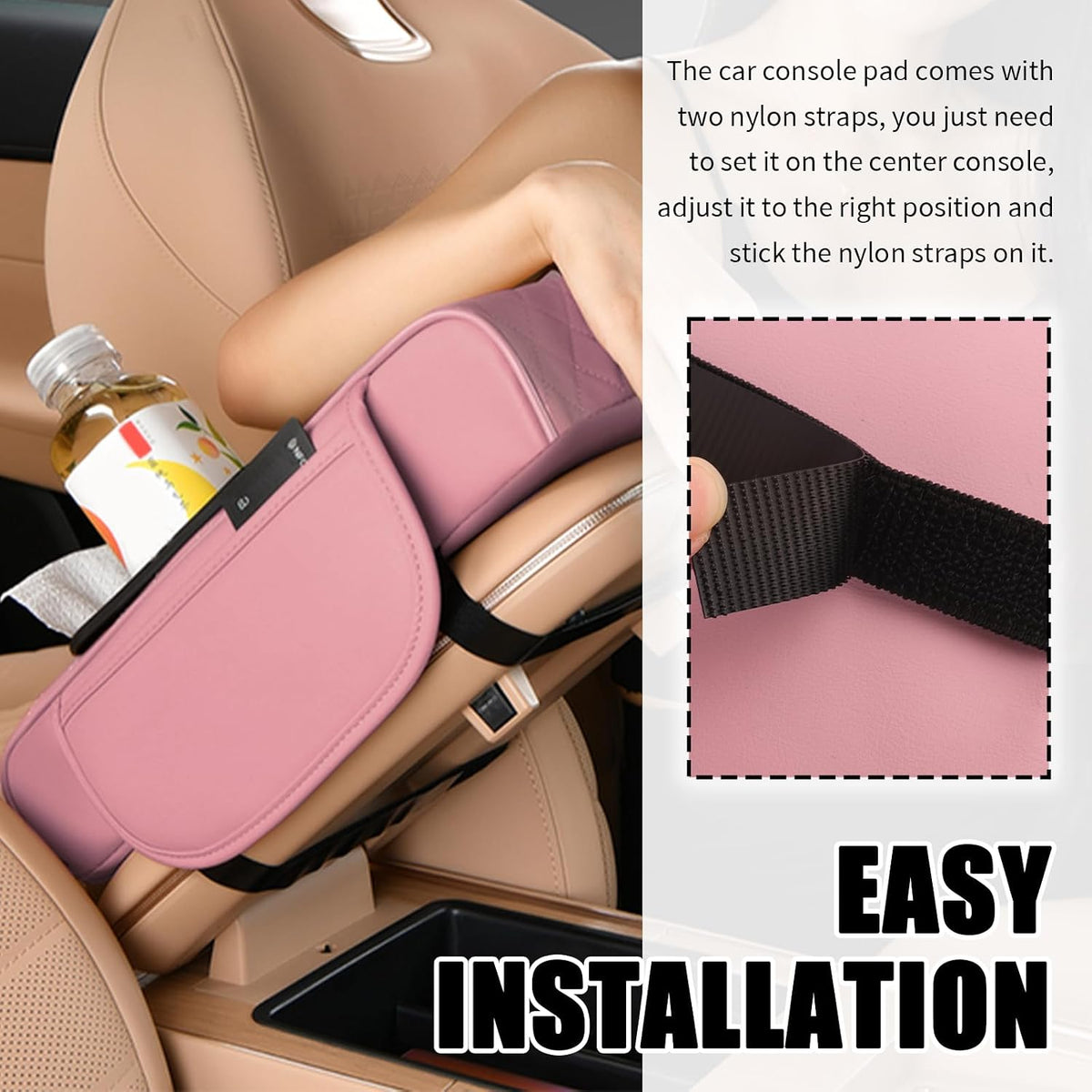5-in-1 Car Center Console Cover,Leather Car Armrest Cover with Cup Holder/Storage Pocket/Phone Holder/Cars Tissue Holders,Thickened Cars Armrest Storage Box for Relieving Elbow Fatigue (Pink)