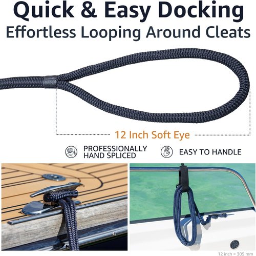 Double Braid Dock Lines by [Brand Name] - Heavy Duty Nylon Boat Ropes 3/8" x 20' with 12" Spliced Eye - Soft, Durable Marine Lines for Pontoon & Light Boats (Navy Blue)