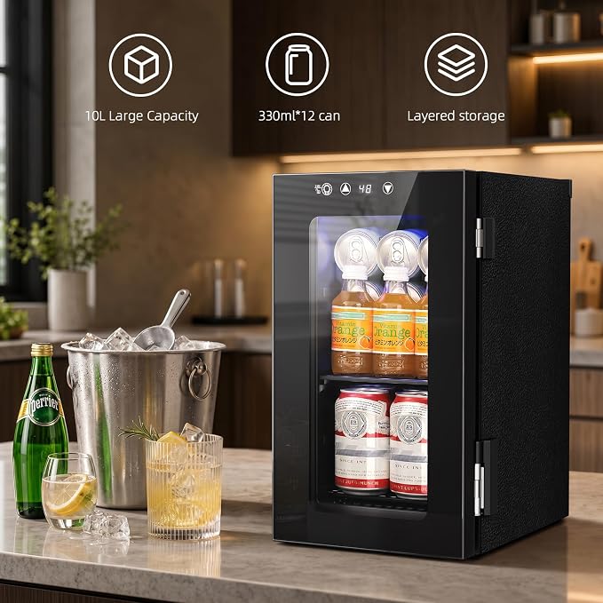 Antarctic Star Beverage Refrigerator, 10L Portable mini fridge with Electronic Temperature Control, 40-61°F Glass Door, Small Drink Fridge for Bedroom, Dorm, Office, Bar & Kitchen