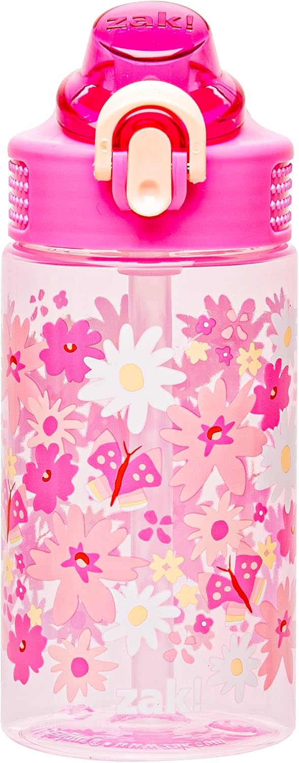 Zak Designs Sage Water Bottle - 16oz Durable Plastic with Straw, Handle & Leak-Proof Cover | Flower Power