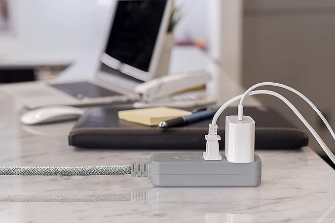 GE 3-Outlet Power Strip Mini Extension Cord with Multiple Outlets 5 Inch Braided Short Cord Extension Cord Grounded Flat Plug Extension Cord ETL Listed Gray 53199