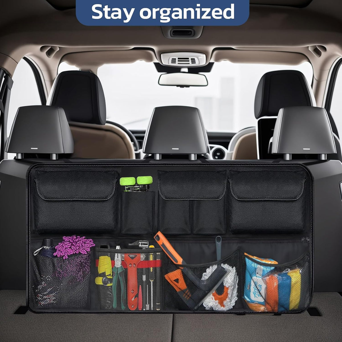 Car Trunk Organizer with Lid, SUV/Truck Compatible, Large Capacity, 6 Pockets &amp; 3 Mesh Pouches