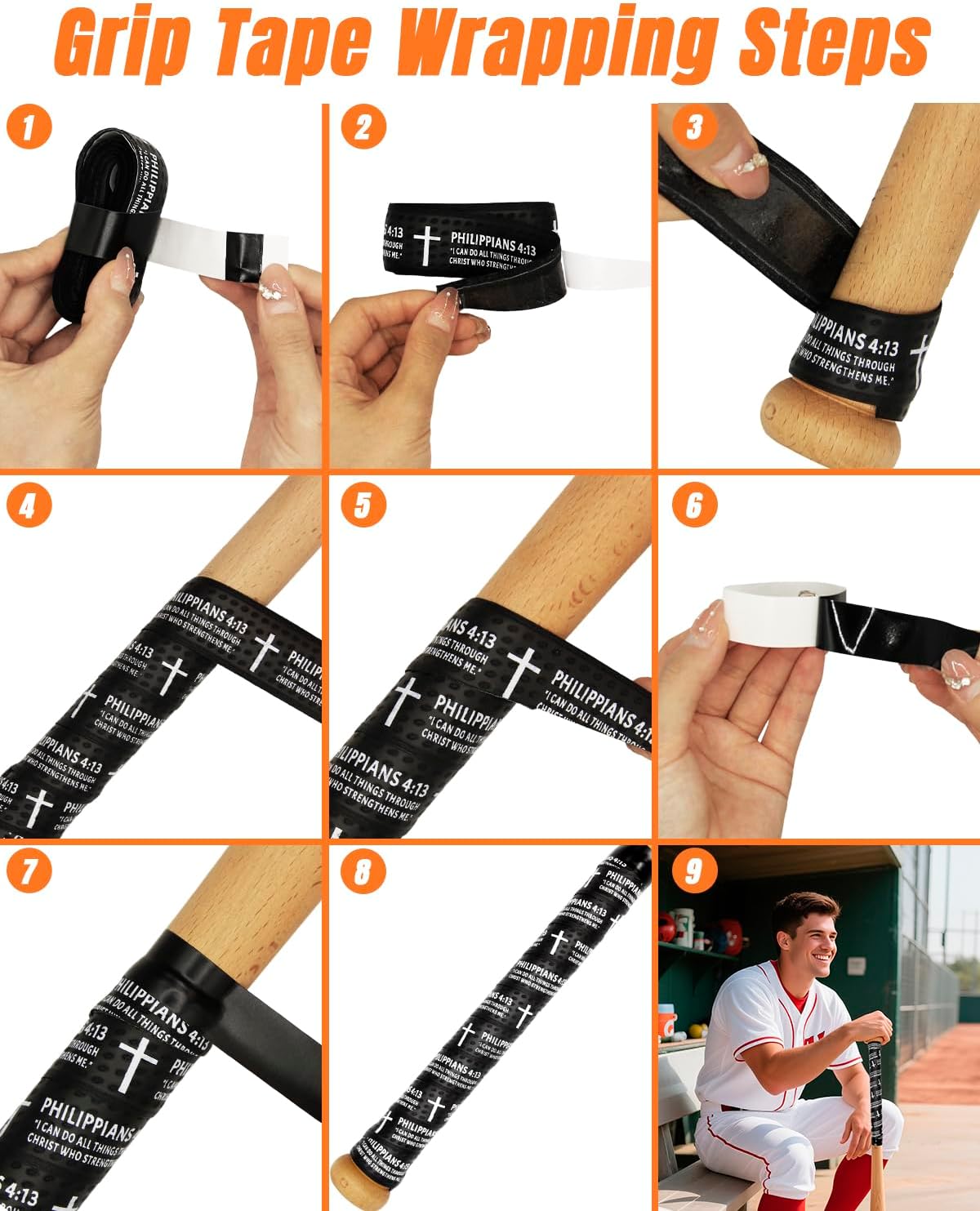 Piemow Baseball Bat Grip Tape - Faith Cross Design | Non-Slip 1.5mm Precut Adhesive for Sports