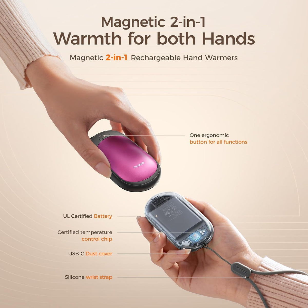 OCOOPA Rechargeable Magnetic Hand Warmers - 2 Pack with 3 Heat Settings | Pocket-Sized, Lasts Up to 8 Hours
