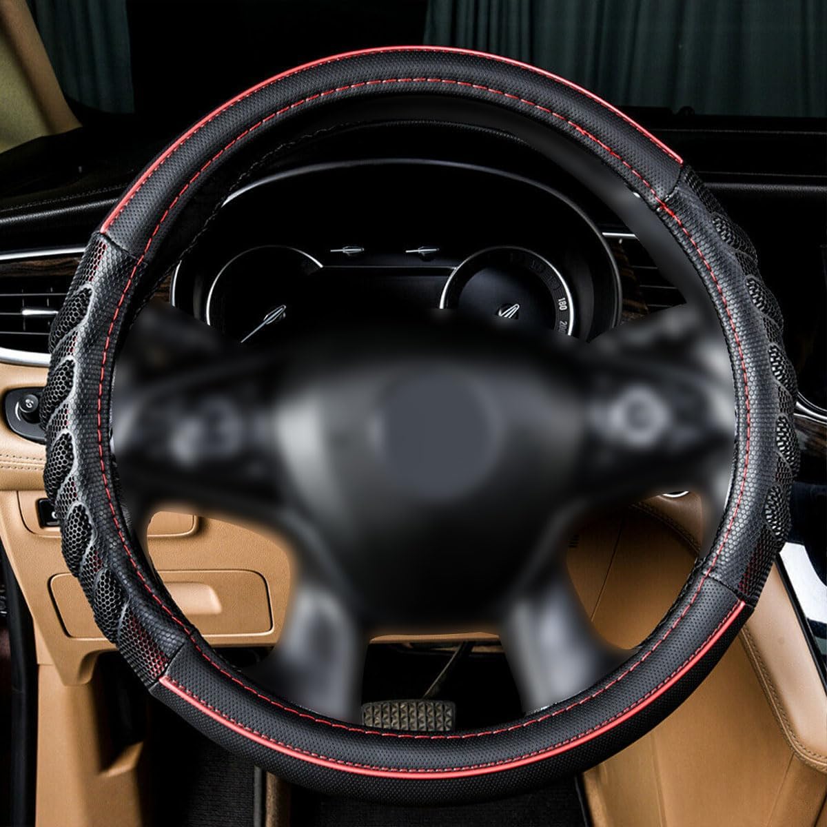 Flying Banner car Steering Wheel Cover Faux Leather Massage Universal fit 3D Honeycomb Hole Anti-Slip Sporty 15 Inches (Red Black)