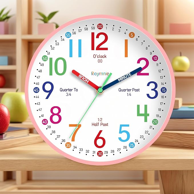 Roymnie Wall Clock 8 Inch for Kids Learning to Tell Time Easily Non Ticking