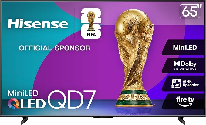 Hisense 65" Class QD7 Series Mini-LED 4K UHD Smart Fire TV (65QD7QF, 2025 Model) - QLED, HDR10+, Dolby Vision, Dolby Atmos, Game Mode Plus, ALLM, Alexa Built in with Voice Remote, Streaming TV, Black