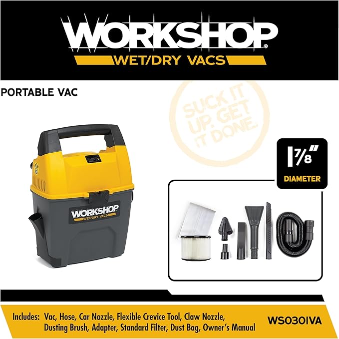 WORKSHOP Wet/Dry Vacs Shop Vacuum WS0301VA 3-Gallon 3.5 Peak HP Portable Wet Dry Vacuum Cleaner with Built-in Dust Pan, Filter, Dust Bag, Expandable Hose, and Attachments for Home and Car Cleaning