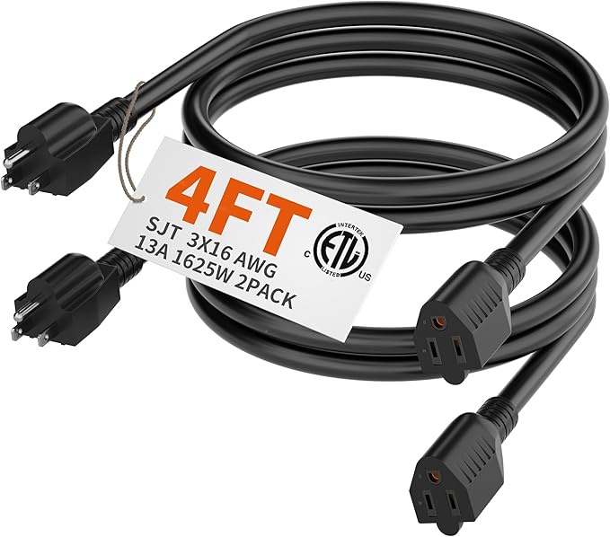 HUANCHAIN 4 FT（2 Pack） 16 Gauge Black Indoor Outdoor Extension Cord Waterproof, Flexible Cold Weather 3 Prong Electric Cord Outside, 13A 1625W 125V 16AWG SJTW, ETL Listed