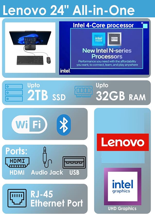 Lenovo IdeaCentre 24 All-in-One Desktop Computer Intel 16GB 512GB SSD AIO | WiFi 6, Windows 11 Home and a Space-Saving Screen in Ebony Black, Ideal for Work, Study, Streaming and Everyday Family Use