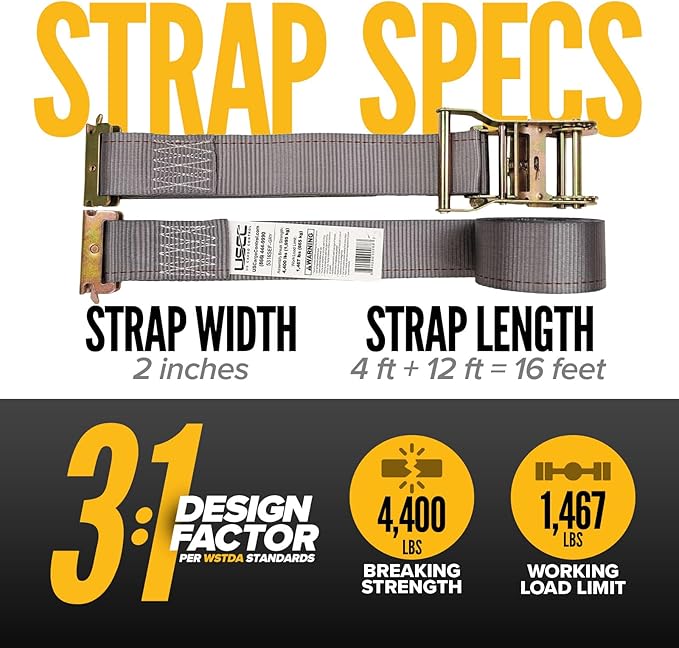 US Cargo Control E Track Straps 2" x 16' (2-Pack), 4,400 LBS Break Strength, Gray Heavy Duty E Track Ratchet Straps with 4' Fixed End and Spring E-Fittings, Logistic Tiedowns for Box Trucks, Vans