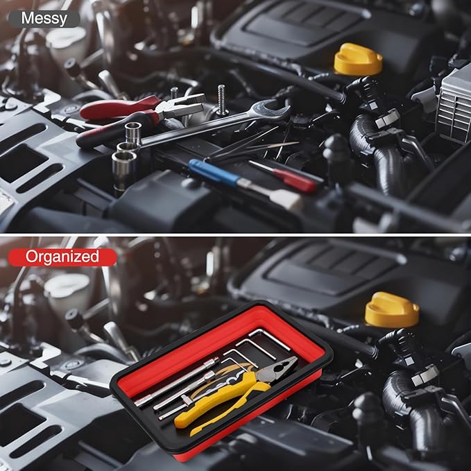 GOOACC 3 Sizes Collapsible Magnetic Parts Tray Set Red Silicone Foldable Tool Trays Organizer for Screws Bolts Nuts Pins Washers and Other Small Metal Parts Double Sided Magnet Base