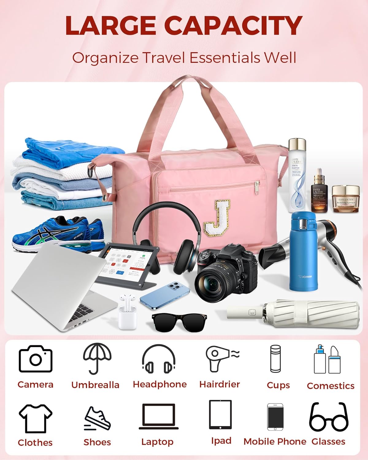Skiennix Initial Duffle Bag - Trendy Travel & Gym Bag with Shoe Compartment | Pink J