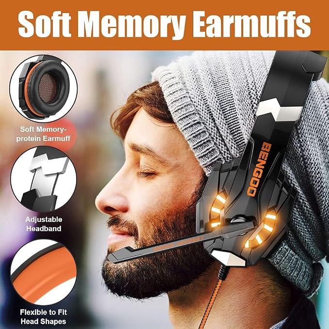 BENGOO G9000 Stereo Gaming Headset for PS4, PC, Xbox One Controller, Noise Cancelling Over Ear Headphones with Mic, LED Light, Bass Surround, Soft Memory Earmuffs (Orange)