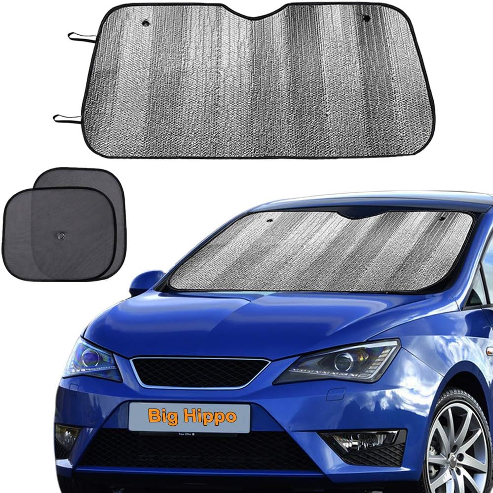 Windshield Sun Shade, Car Window Shade as Bonus by Big Hippo Keep Vehicle Cool Protect Your Car from Sun Heat & Glare Best UV Ray Visor Protector (Size: 55.16"X 27.5")