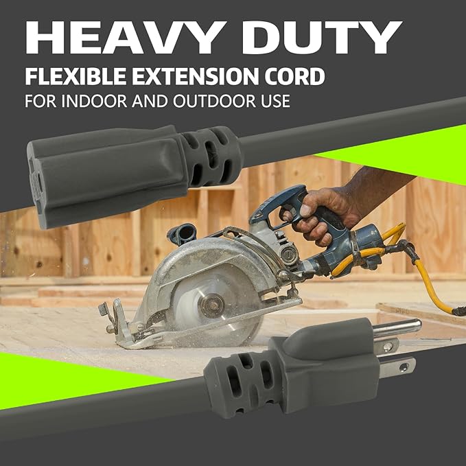 Indoor Outdoor Extension Cord, 12 Gauge 3 Prong Weatherproof Heavy Duty Gray Extension Cords, 12/3 SJTW 15A 10 FT Extension Cable for Garage, Garden and Home, UL Listed