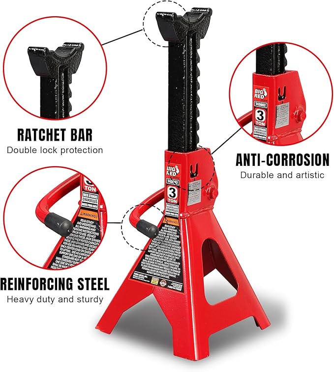 Big RED 3 Ton Heavy Duty Steel Jack Stands, Capacity Car Lifting Stand,1 Pair