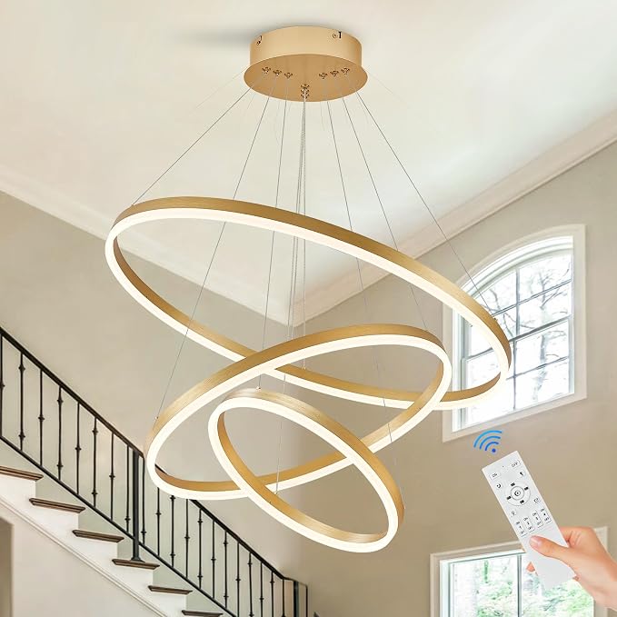 3-Rings Modern LED Chandelier Gold, Dimmable Pendant Lighting