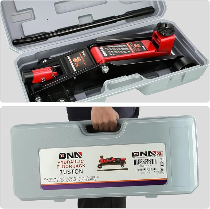 DNA Motoring 3 Ton Low Profile Floor Jack, 3 tons (6000 lbs) Capacity Fast Lift Hydraulic Trolley Service/Floor Jack, 7.7-21" Lifting Range, Red, TOOLS-00674-RD