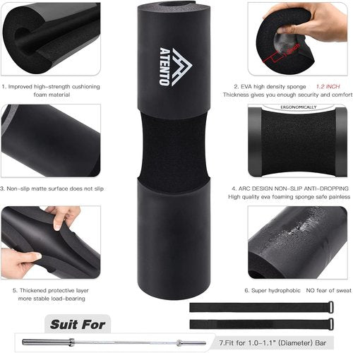 ATENTO Barbell Pad Set - 10Pcs Weight Lifting Belt & Thick Cushion for Hip Thrusts | Includes Ankle Straps & Carry Bag