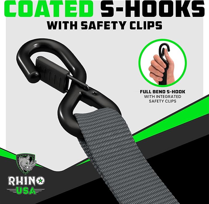 Rhino USA Ratchet Straps Heavy Duty Kit (2-Pack) - 1.6 Inch x 8 Feet Min Break Strength (5,000) - Ultimate Tie Down Straps with Safety S Hooks for Trucks, ATV, UTV, Motorcycle, Cargo & More - Gray