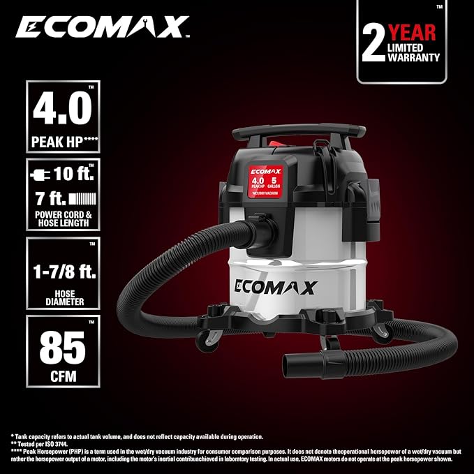 ECOMAX 5 Gallon Ultra Quiet Shop Vacuum Wet and Dry, 4 Peak HP Stainless Steel Shop Vac, Up to 80% Quieter Operation, Durable Long-Life Motor, Portable Vacuum for Garage, Workshop & Jobsite