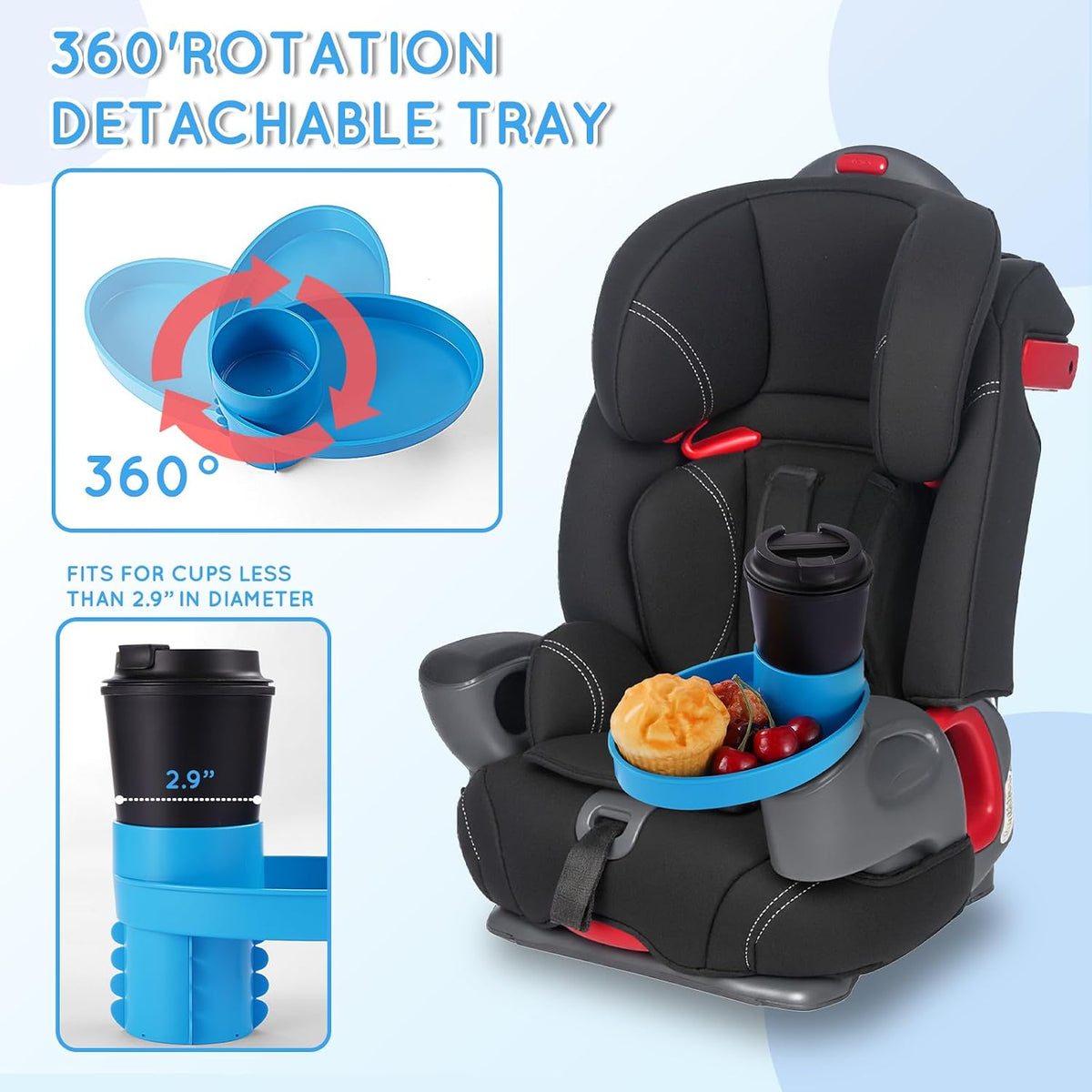 Car Seat Snack Tray Cup Holder 2.5-2.8in Travel Table Road Trip