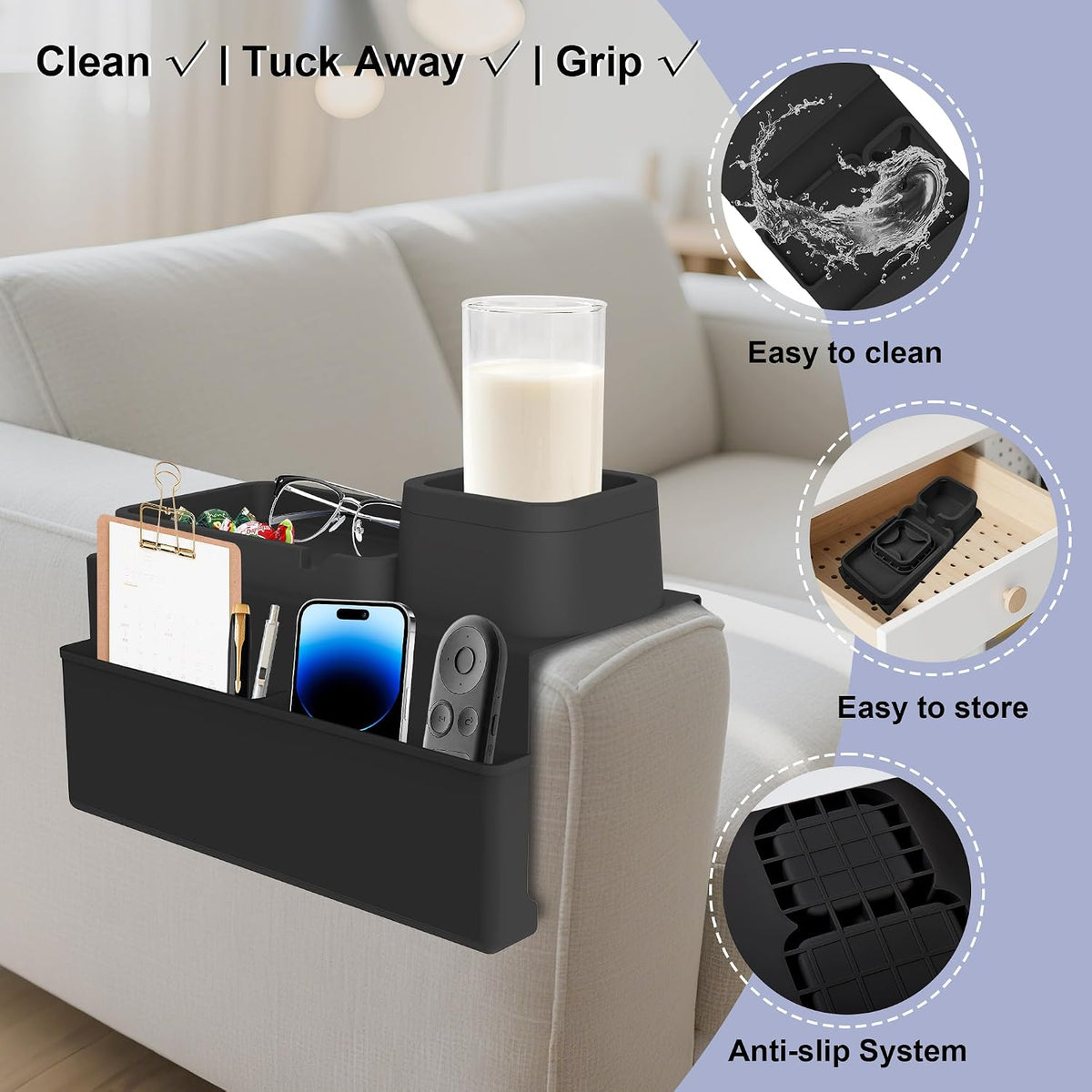 KindGa Couch Cup Holder - Silicone Sofa Armrest Organizer Couch Caddy Black