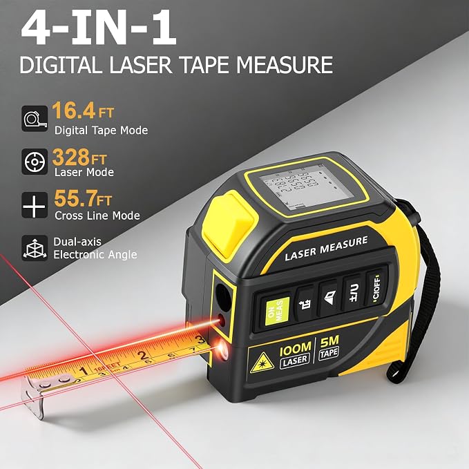 4-in-1 Digital Laser Tape Measure, 328ft/100m Laser Distance Meter