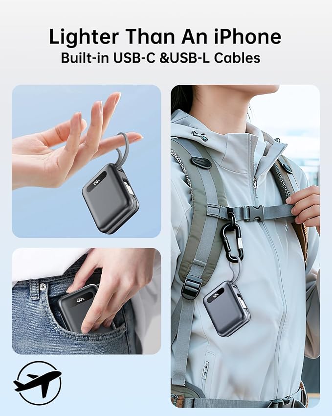 Portable Charger Power Bank, Ultra Mini 10000mAh Portable Charger with Built-in Cables, 35W Fast Charging Battery Pack, Travel Essential Compatible with iPhone 17 16 15 Samsung S22 S21 Google iPad etc